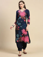 Women Floral Navy Blue A-Line Kurta Set-BCK-1967-Navyblue